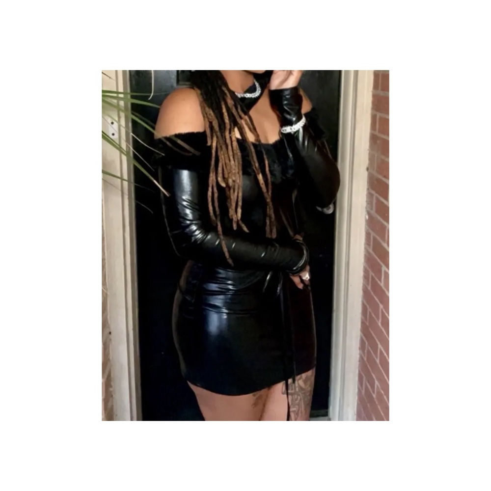 Black leather dress with fur trim